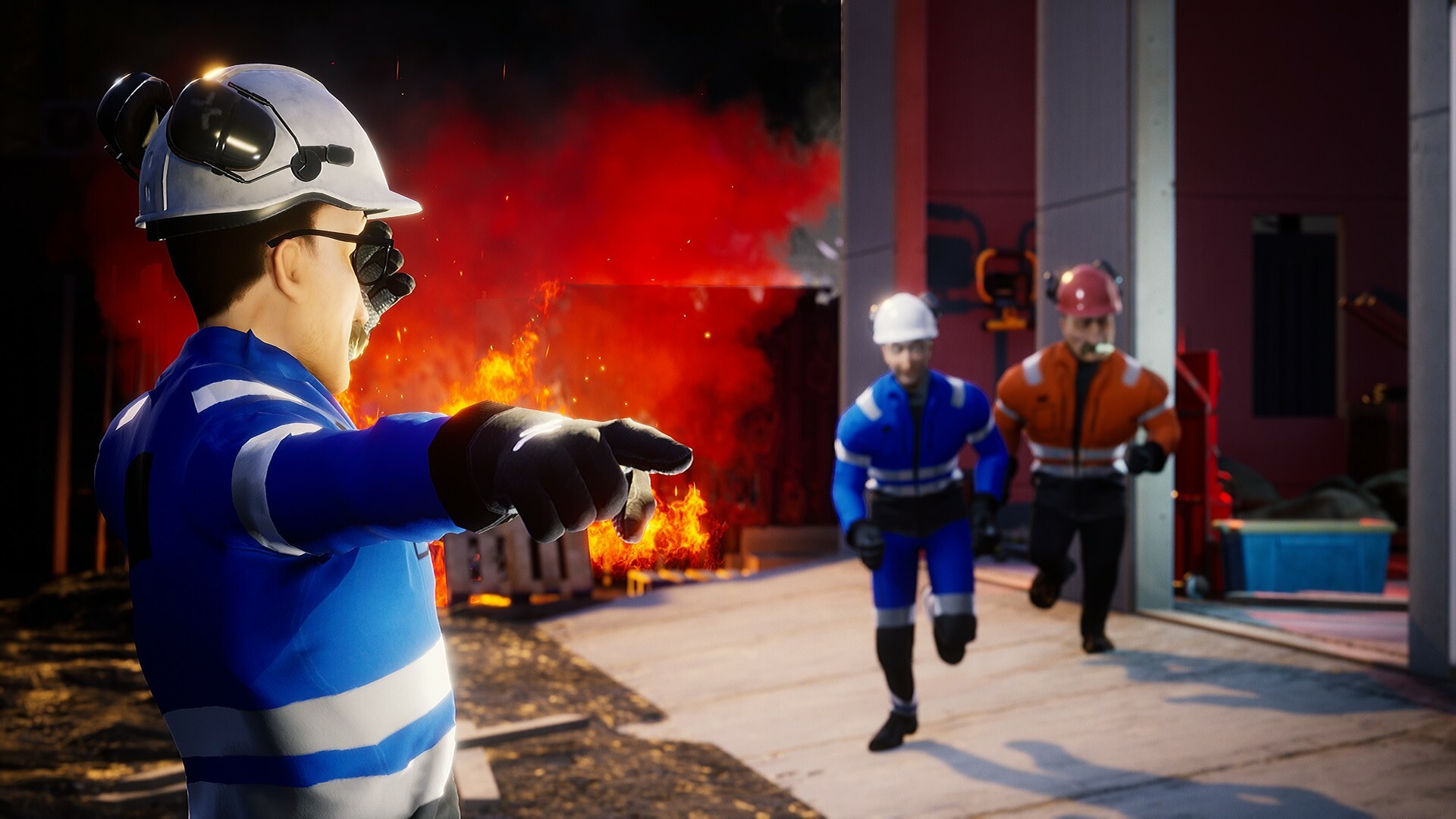 person urges colleagues to put out fire